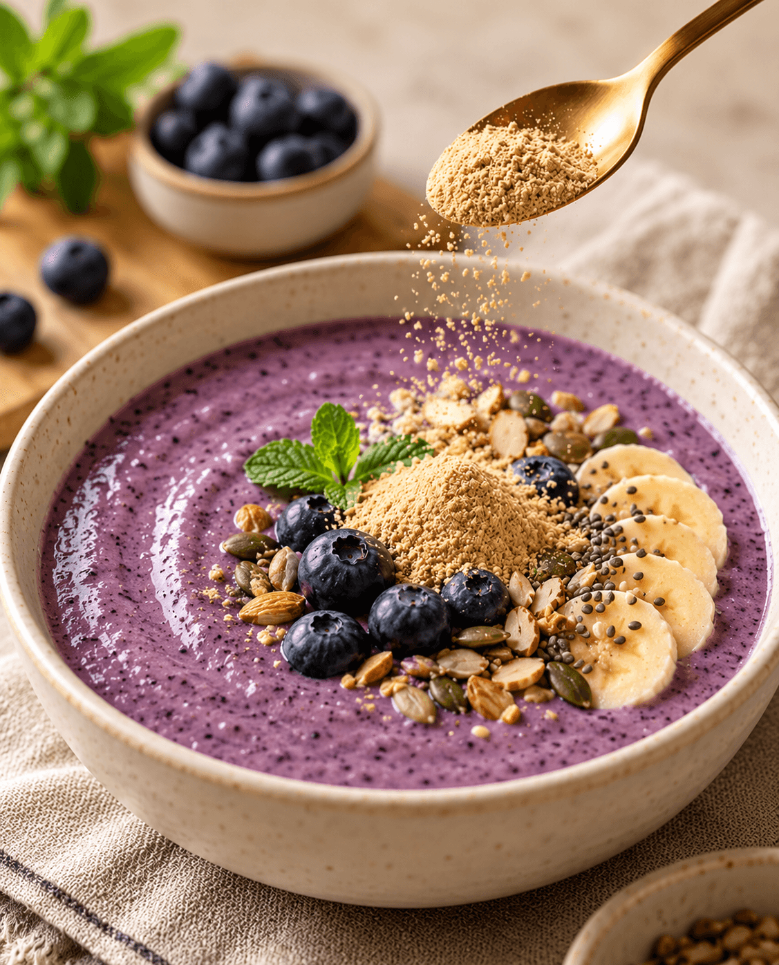Power Sprinkle being spooned over a green smoothie bowl with seeds and mint